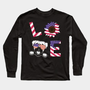 Cool US Flag Sunflowers Glasses Dog Face LOVE Boxer Dog Americans Independence USA July 4th Day Long Sleeve T-Shirt